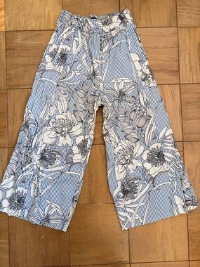 Zara Blue & White Floral-Striped Wide-Leg Pants